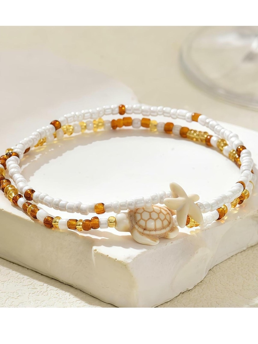 Anthropologie White Shell Starfish & Turtle Beaded Anklet Duo - Picture 2 of 4